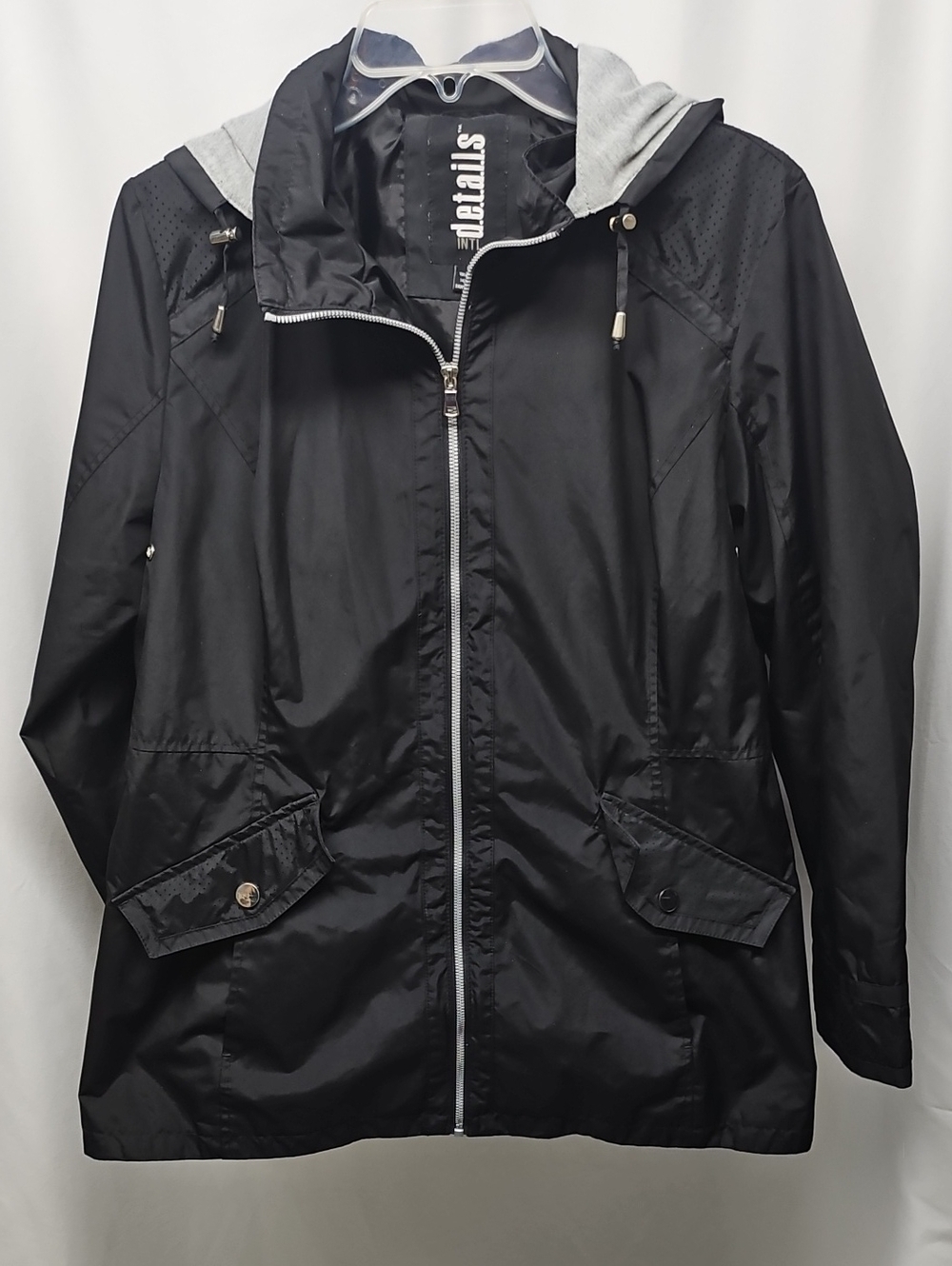 Lightweight Black Hooded Utility Jacket with Gray Hood Lining